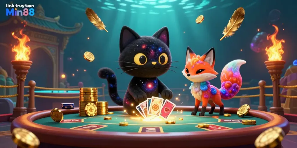Engage in thrilling gameplay with link truy cập Min88 as a cosmic cat and fox capture casino treasures.