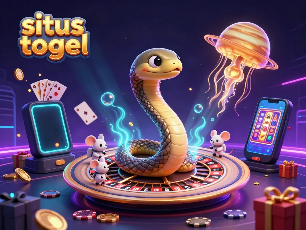 Experience situs togel with a vibrant cosmic illustration showing a snake roulette wheel and betting astronaut mice.