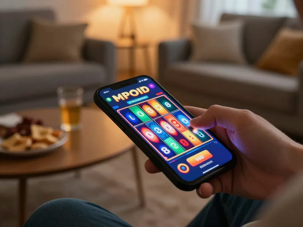 MPOID slot gaming action on smartphone in a cozy home setting
