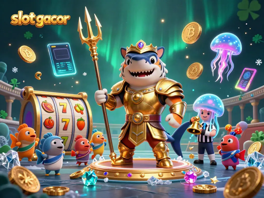 Engaging 3D illustration showcasing "slot gacor" with a tiger shark in gladiator armor surrounded by casino-themed elements.
