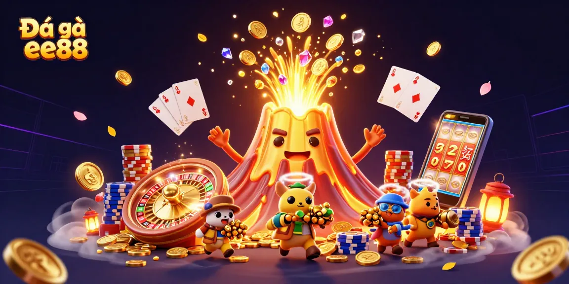 Engage in thrilling Đá gà ee88 action with a vibrant 3D illustration showcasing explosive wins and treasures.