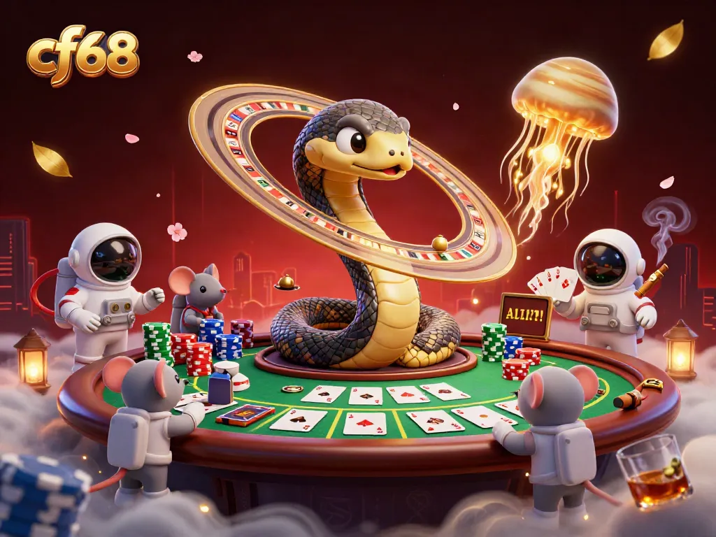 cf68 showcases a vibrant 3D casino scene with quirky characters and frenetic betting action.