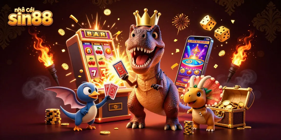 Experience the excitement at nhà cái sin88 with a friendly T-Rex shuffling cards and dynamic casino elements.