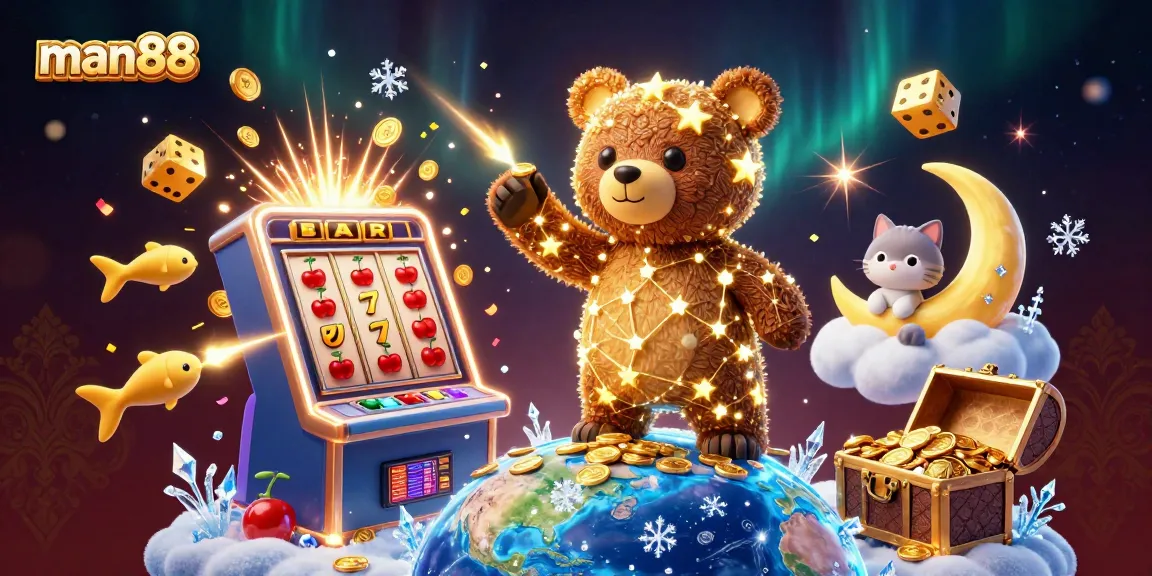 Experience the magic of man88 with a constellation bear and a jackpot explosion in this vibrant casino scene.