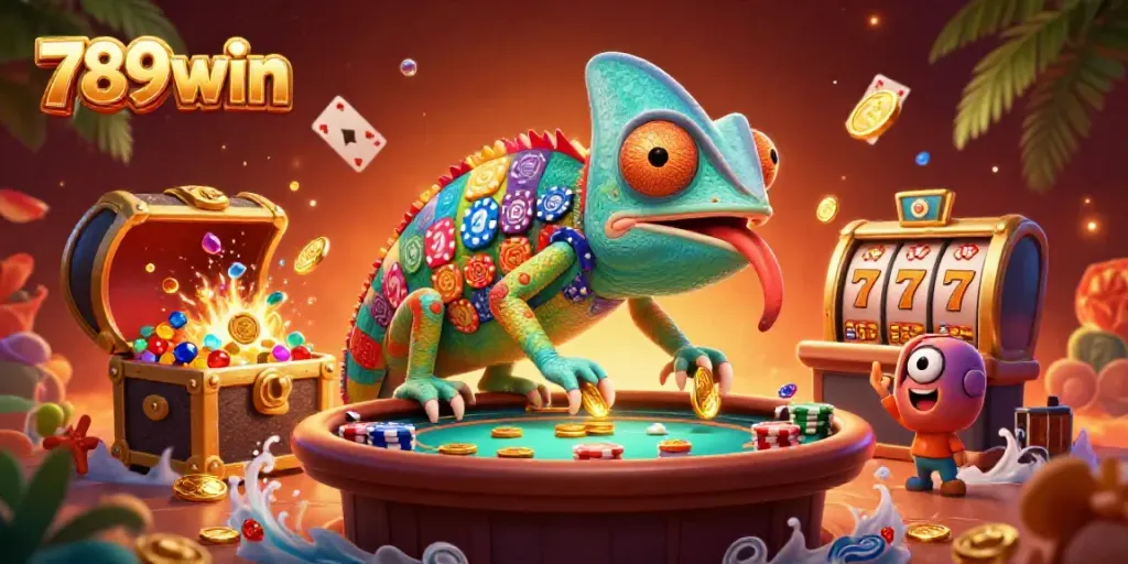 Engage with the vibrant world of casino gaming at 789win as a chameleon owner collects golden coins.