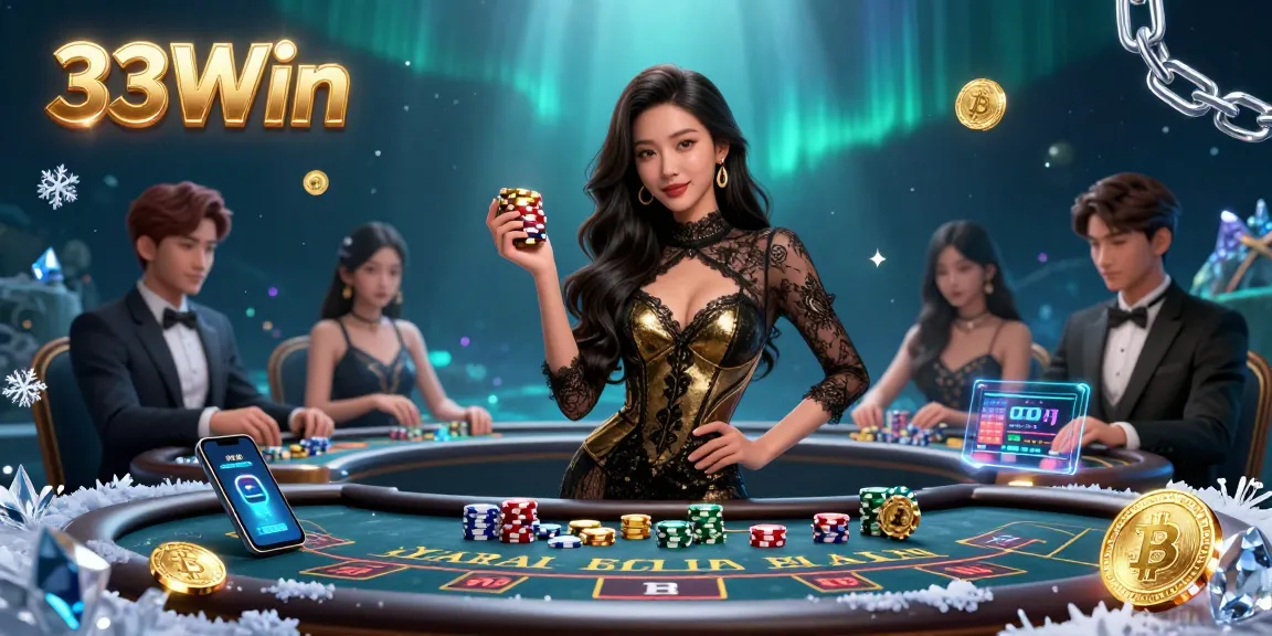 33Win players engaging in high-stakes baccarat at a VIP table, surrounded by glowing crypto elements.