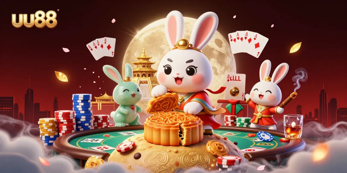 Experience exciting gaming adventures with uu88, where the moon rabbit reveals poker chips in a lively casino scene.