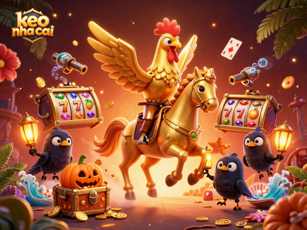 Engage in thrilling bets with keo nha cai amidst vibrant casino scenes featuring golden roosters and treasures.