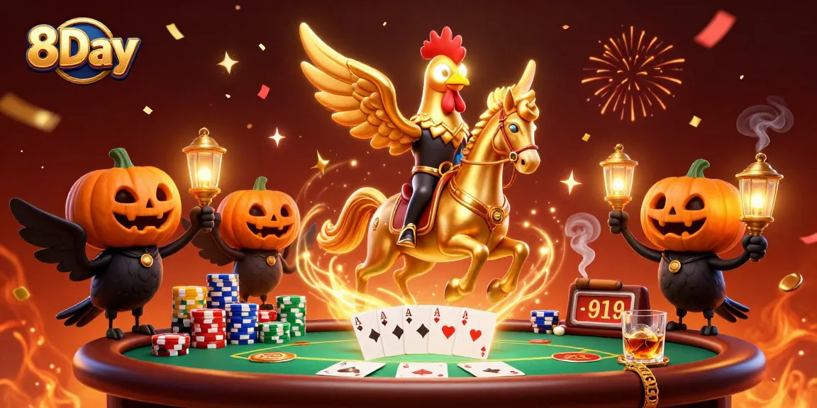 Experience the excitement of 8Day with a golden rooster in a vibrant casino scene.