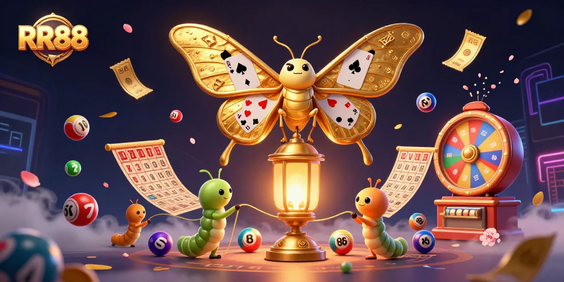 Experience the thrill of gaming at RR88 with vibrant lottery balls and a majestic moth in dynamic casino scenes.
