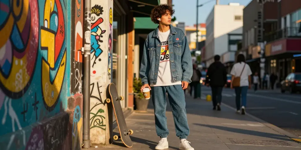 Young adult in trendy streetwear showcasing rokok88 branding in urban setting