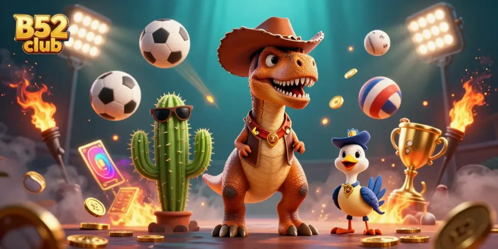 Experience excitement at B52 club with a lively 3D scene featuring a dinosaur cowboy and dynamic sports elements.