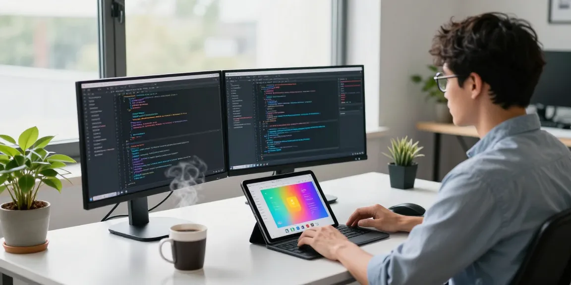 Dynamic tech workspace illustrating Telegram下载 application development with multiple screens and coding context.