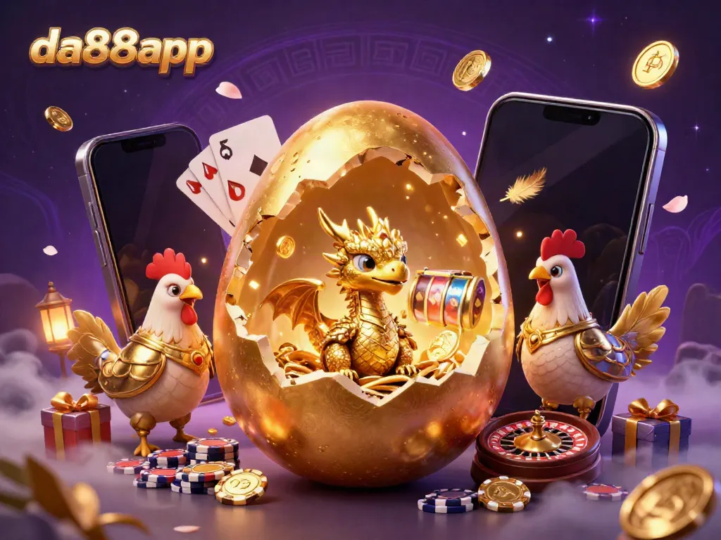 Engage in exciting gaming at da88app with a golden dragon amidst vibrant casino elements.