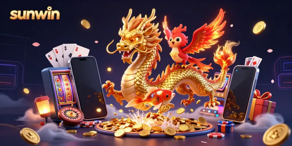 Experience the thrill of sunwin where golden koi fish leap through a vibrant casino scene filled with slot games and dragon energy.