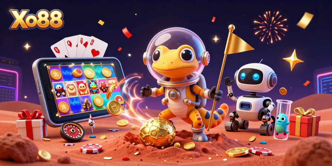 Xo88 casino illustration featuring a Martian gecko and gaming elements for a vibrant online experience.