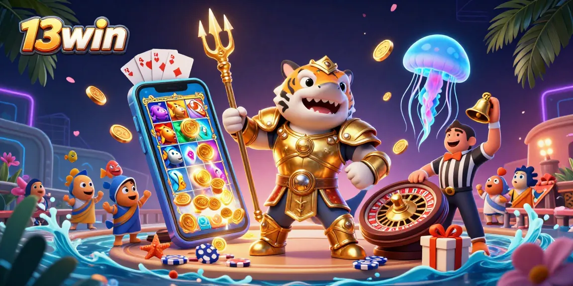 Experience thrilling gambling with 13win's vibrant 3D illustration showcasing casino adventures.