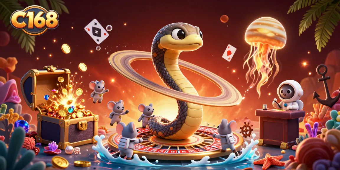 Experience the thrill of C168 as astronaut mice place bets on the roulette rings of a cosmic snake.