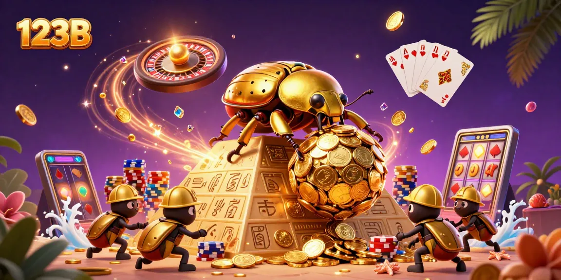 Experience thrilling gameplay at 123B with vibrant casino-themed 3D illustration showcasing dynamic gold coin action.