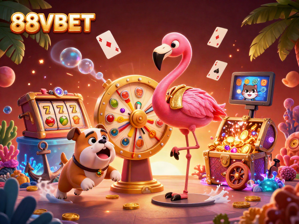 Engage with 88VBET's exciting gambling universe featuring vibrant characters and lively casino elements.