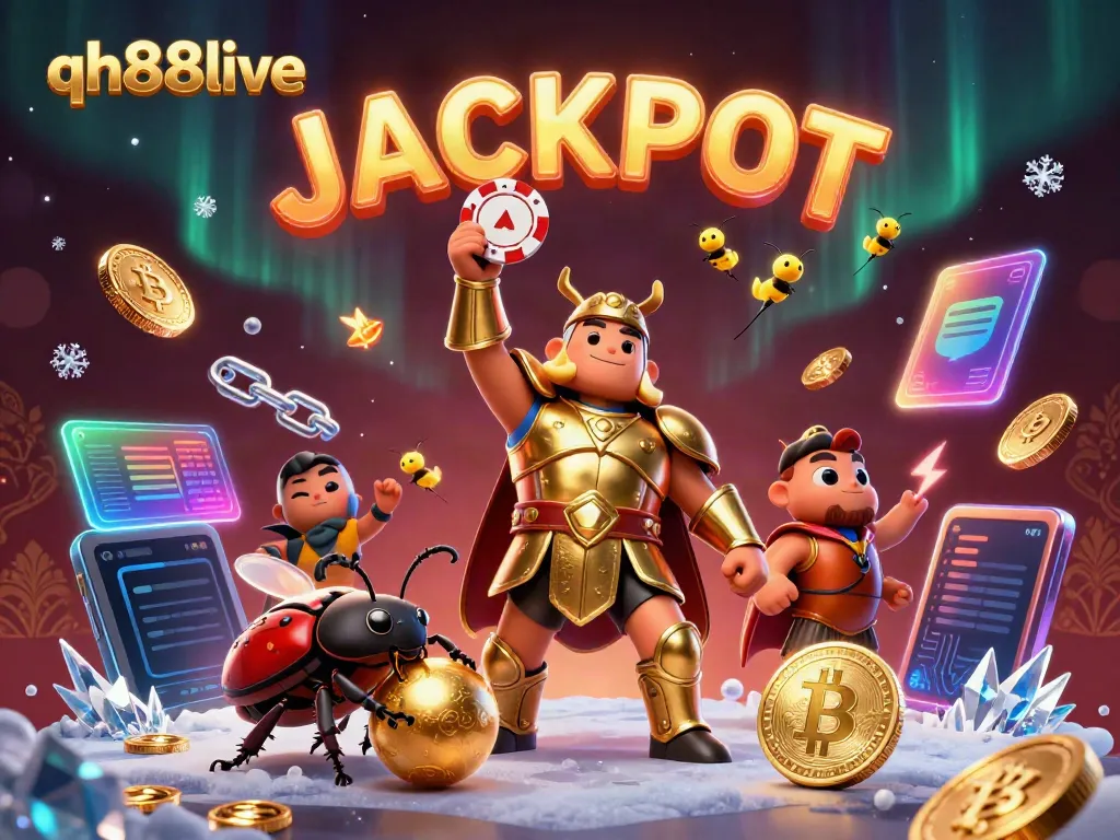 Bet big at qh88live with a victorious beetle character lifting a poker chip among dynamic gaming elements.