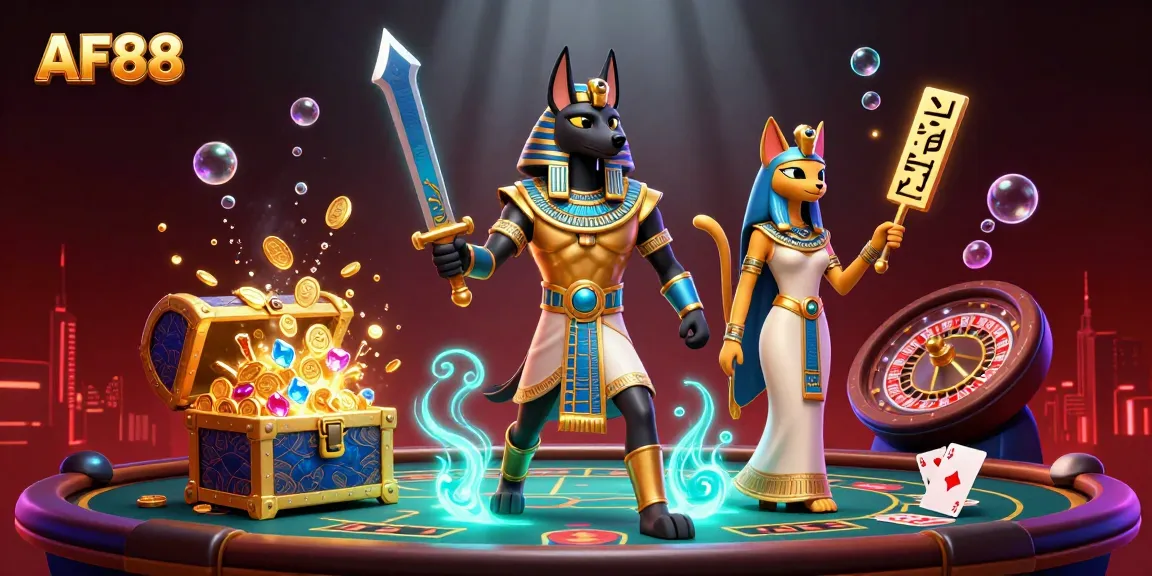 Engage in thrilling gameplay at AF88 with Anubis and Bastet surrounded by casino elements.