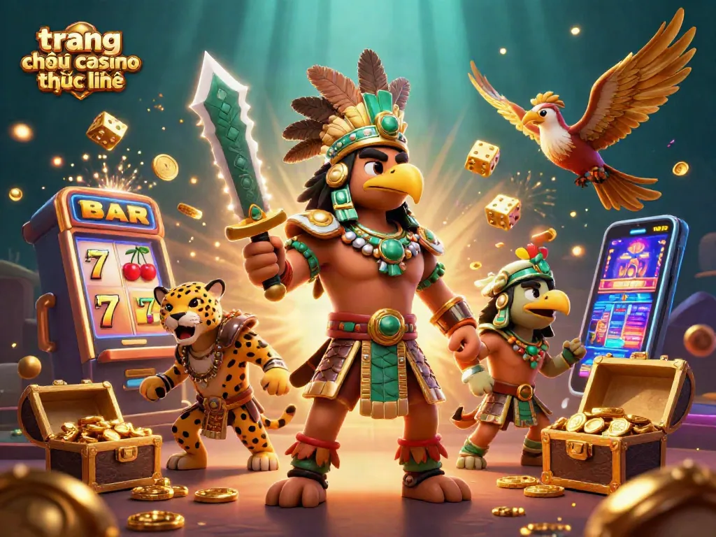 Trải nghiệm trang chơi casino trực tuyến với hình ảnh sống động của những chiến binh Aztec và máy đánh bạc.
