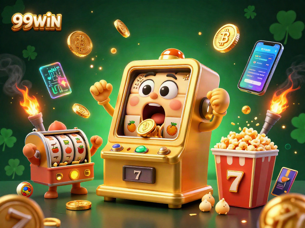 Experience excitement with 99WIN as a golden slot machine hits the jackpot amidst cheering baby slots.