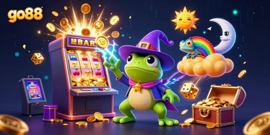 Spin to win at go88 with exciting 3D casino graphics featuring golden coins and dynamic gameplay.