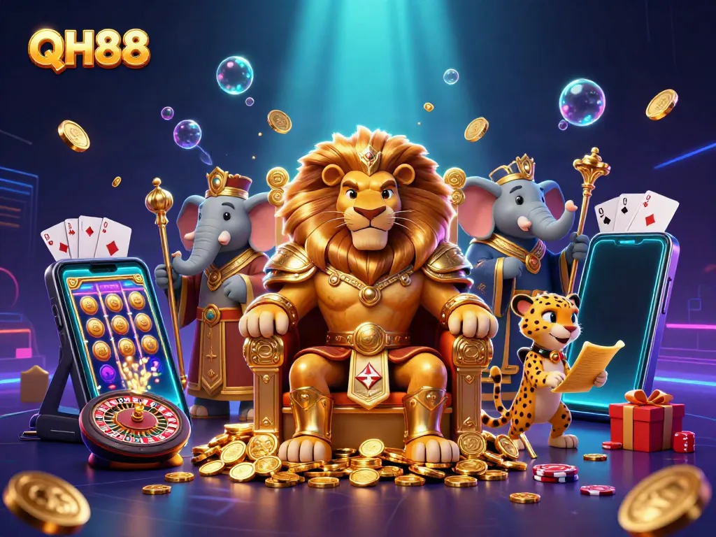 Engaging QH88 online casino scene with a lion king, elephant advisor, and cheetah messenger amidst vibrant gaming elements.