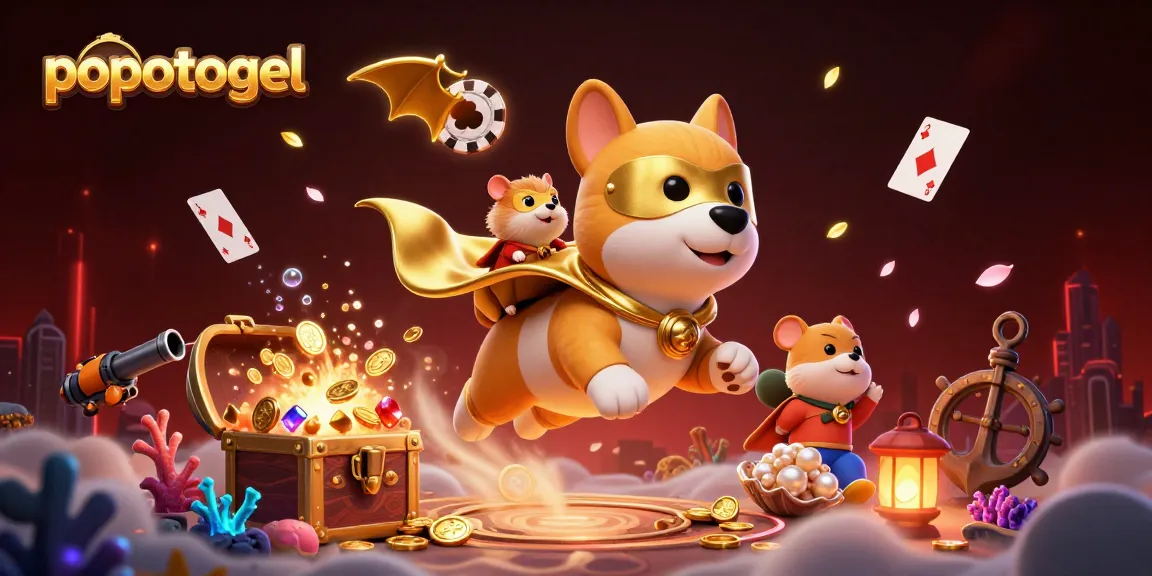 Experience thrilling wins with popotogel, featuring a flying superhero dog and vibrant casino elements.