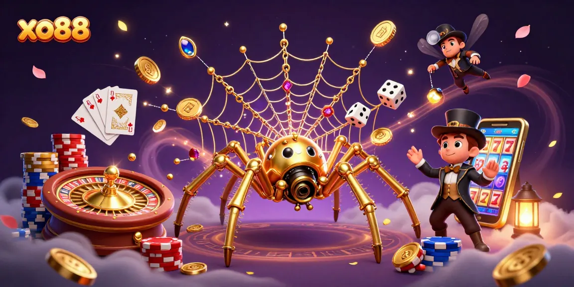 Experience the thrill of xo88 with a vibrant 3D steampunk casino scene featuring a unique spider web design.