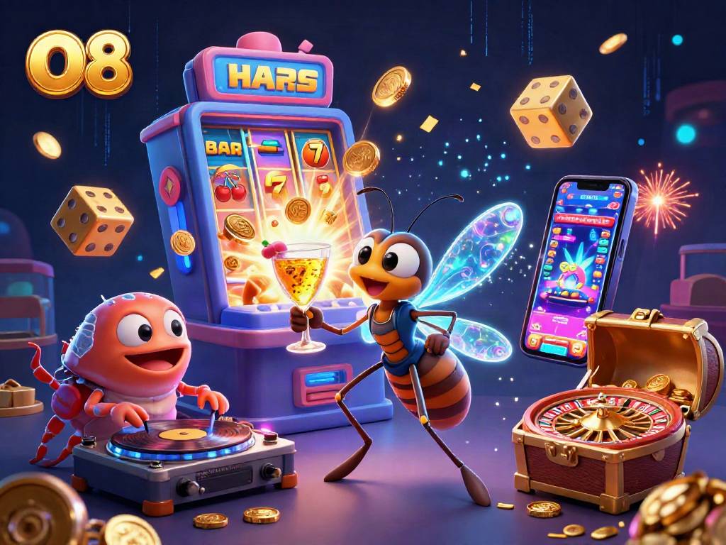 Engage with O8's thrilling casino vibe featuring a vibrant scene of animated gaming characters.