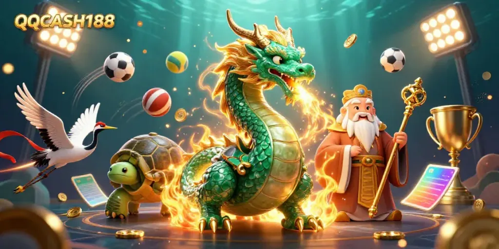Experience the thrill of QQCASH188 with a vibrant 3D illustration showcasing dynamic gaming elements.