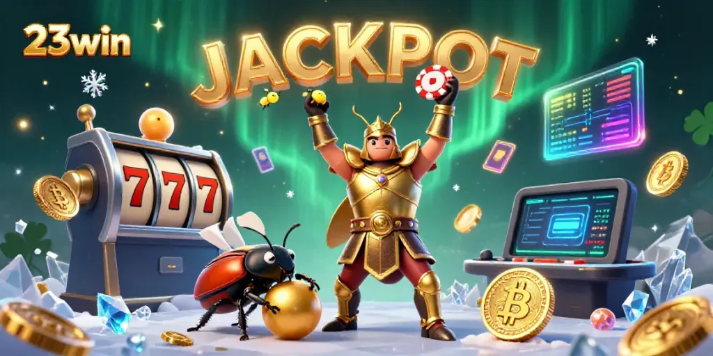 Experience the thrill of 23win with a beetle hero celebrating victory in a lively casino scene.