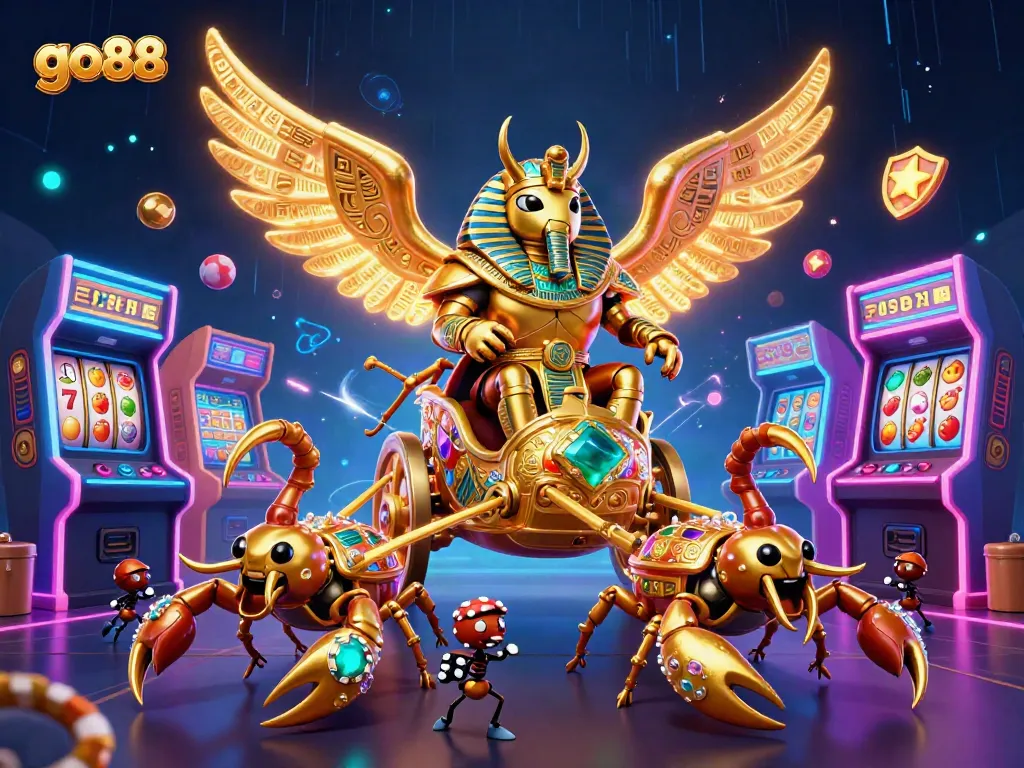 Engage in exciting gameplay with go88, featuring a golden scarab beetle in a casino-themed illustration.