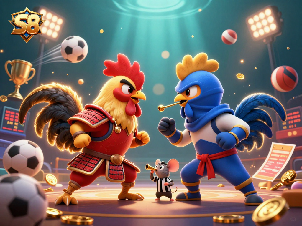 S8 showcases dynamic action with twin fighting roosters in colorful armor amidst lively betting elements