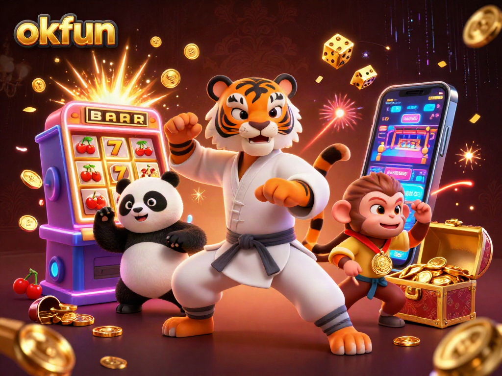 Experience thrilling gameplay at okfun with vibrant 3D cartoon characters engaging in casino adventures amidst jackpot excitement.