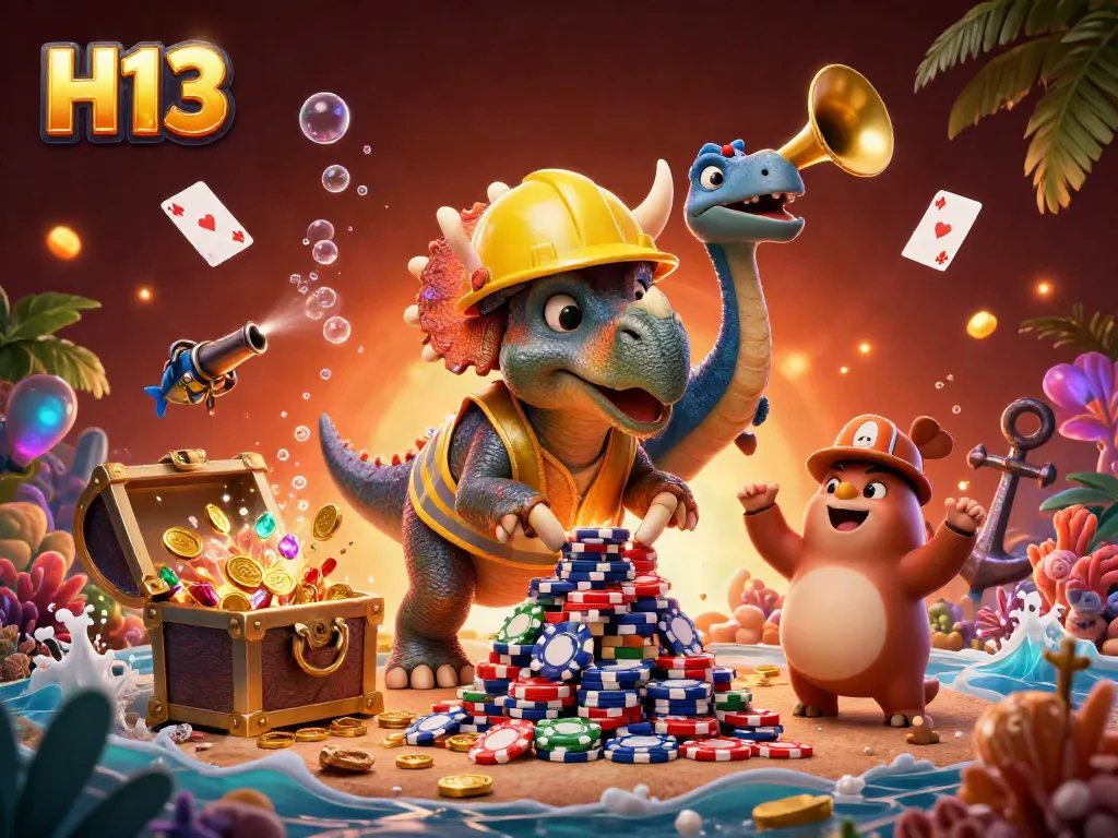 Experience exciting gameplay at H13 with 3D characters building poker chip pyramids amid a vibrant casino scene.