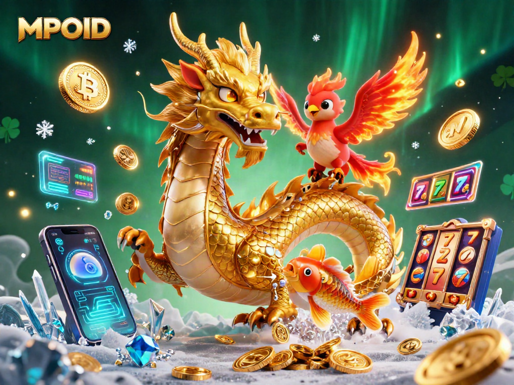 Engage with MPOID in this dynamic casino scene featuring mythical creatures and crypto elements.