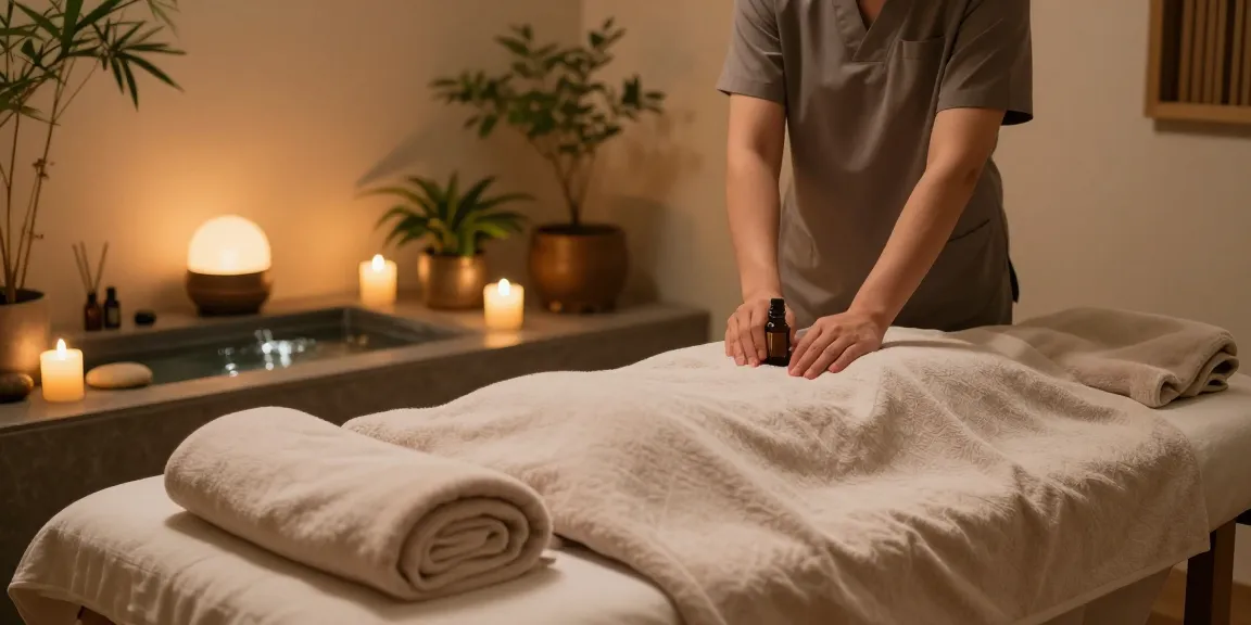 Relaxing 서울출장마사지 therapy room with candles, oils, and calming decor.