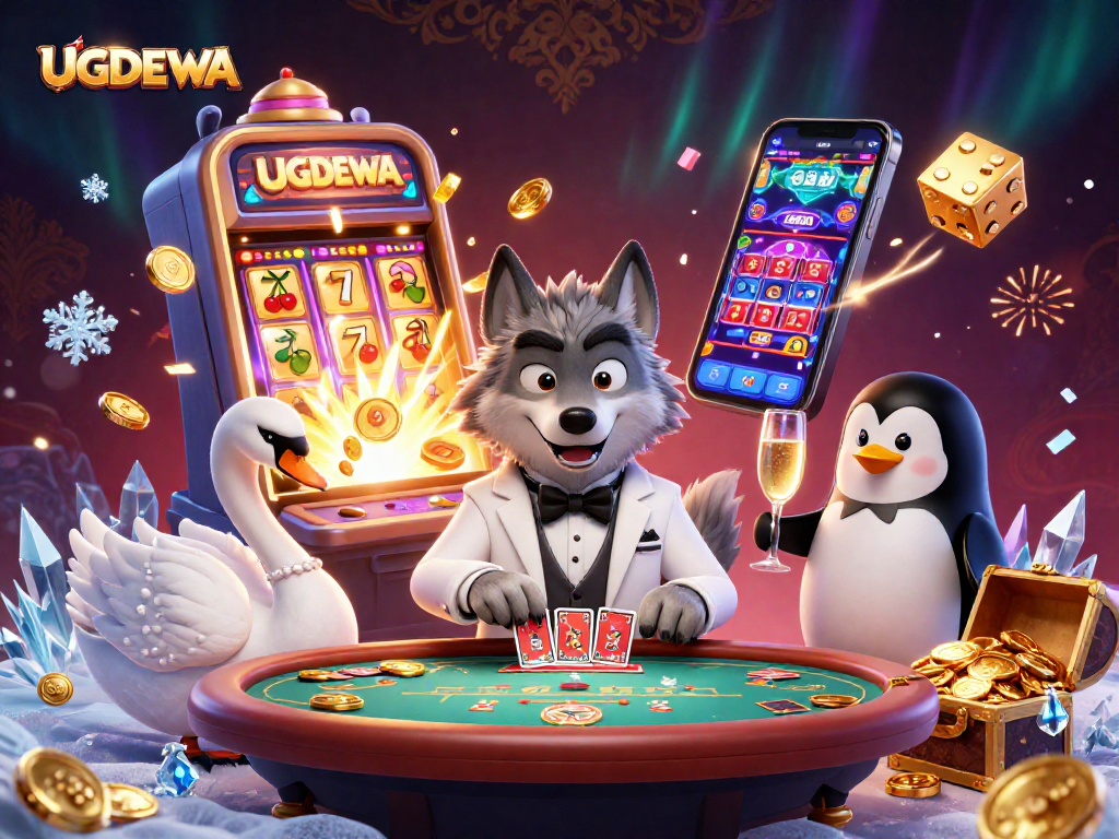 Experience exciting gaming moments at UGDEWA with vibrant 3D digital art featuring casino characters and elements.