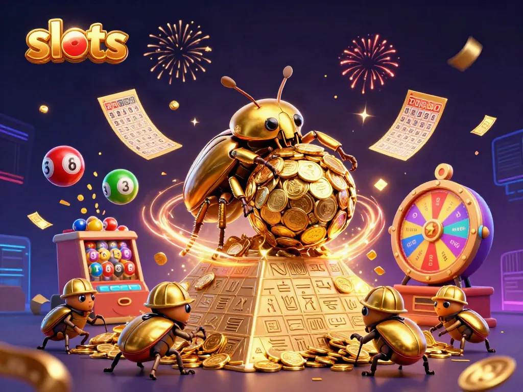 Engaging slots scene featuring a cartoon beetle rolling coins and vibrant casino elements