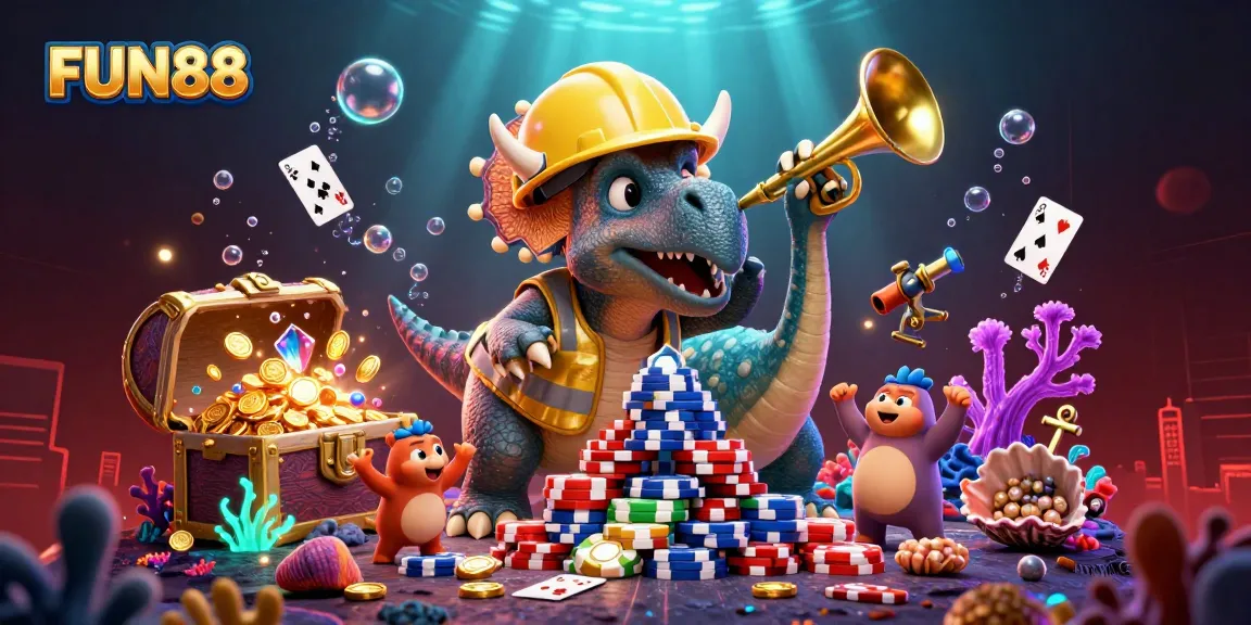 Cheerfully engage with FUN88 as cartoon dinosaurs celebrate gaming wins with poker chips.