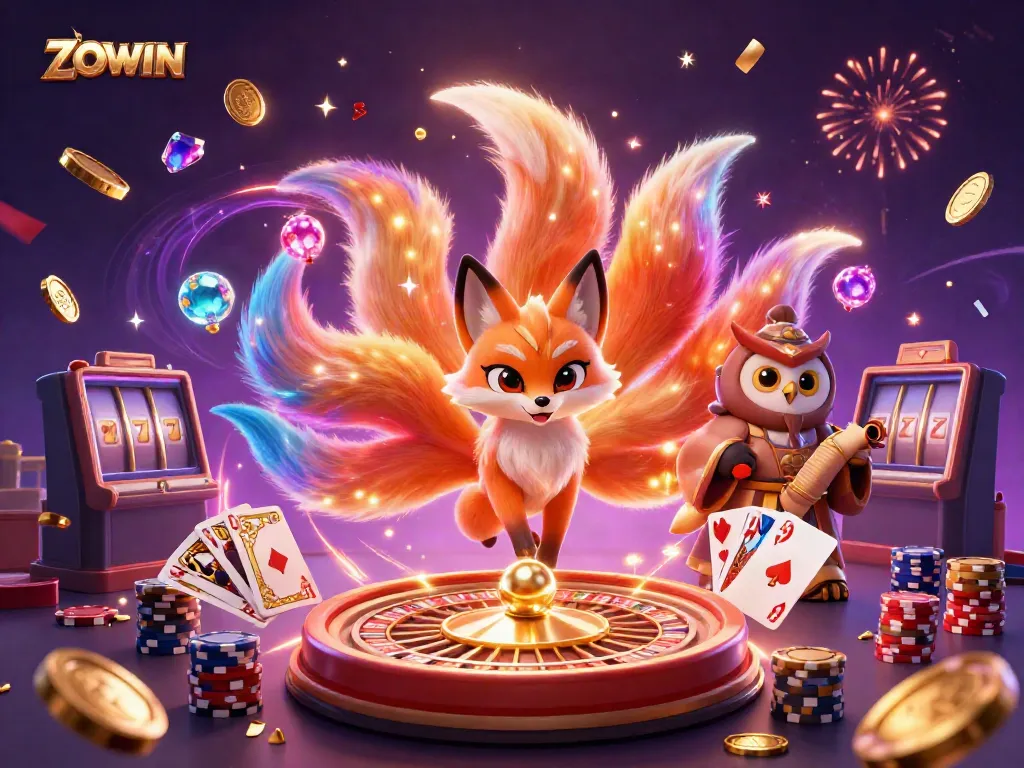 ZOWIN's vibrant casino spirit scene featuring a nine-tailed fox, wise owl, and dynamic gaming elements