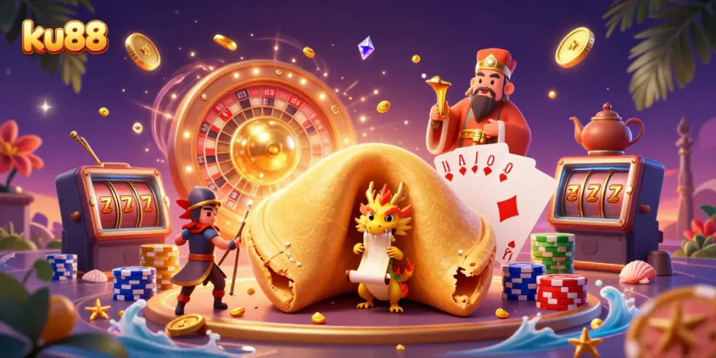 Engage with ku88's exciting online casino world featuring golden fortune, coins, and lucky symbols.