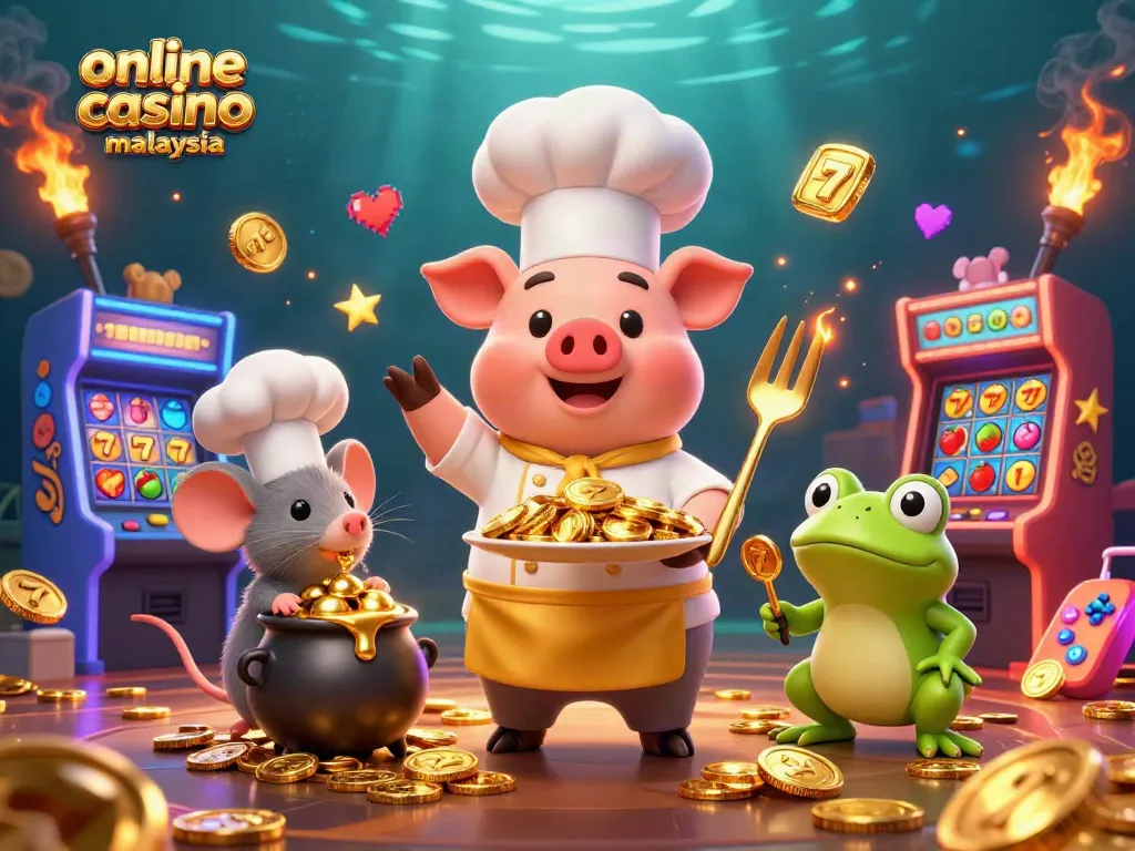 Experience excitement at an online casino malaysia with a cartoon chef pig presenting gold coins, surrounded by gaming elements