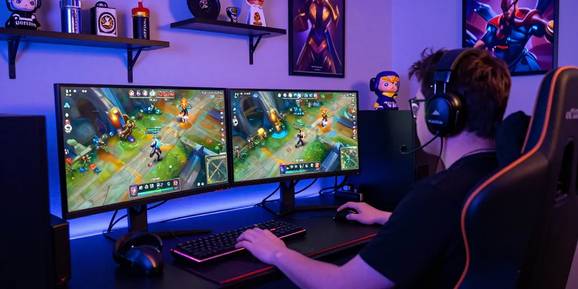 Player's gaming setup featuring Overwatch 2 Hacks with monitors, RGB keyboard, and immersive LED lights.