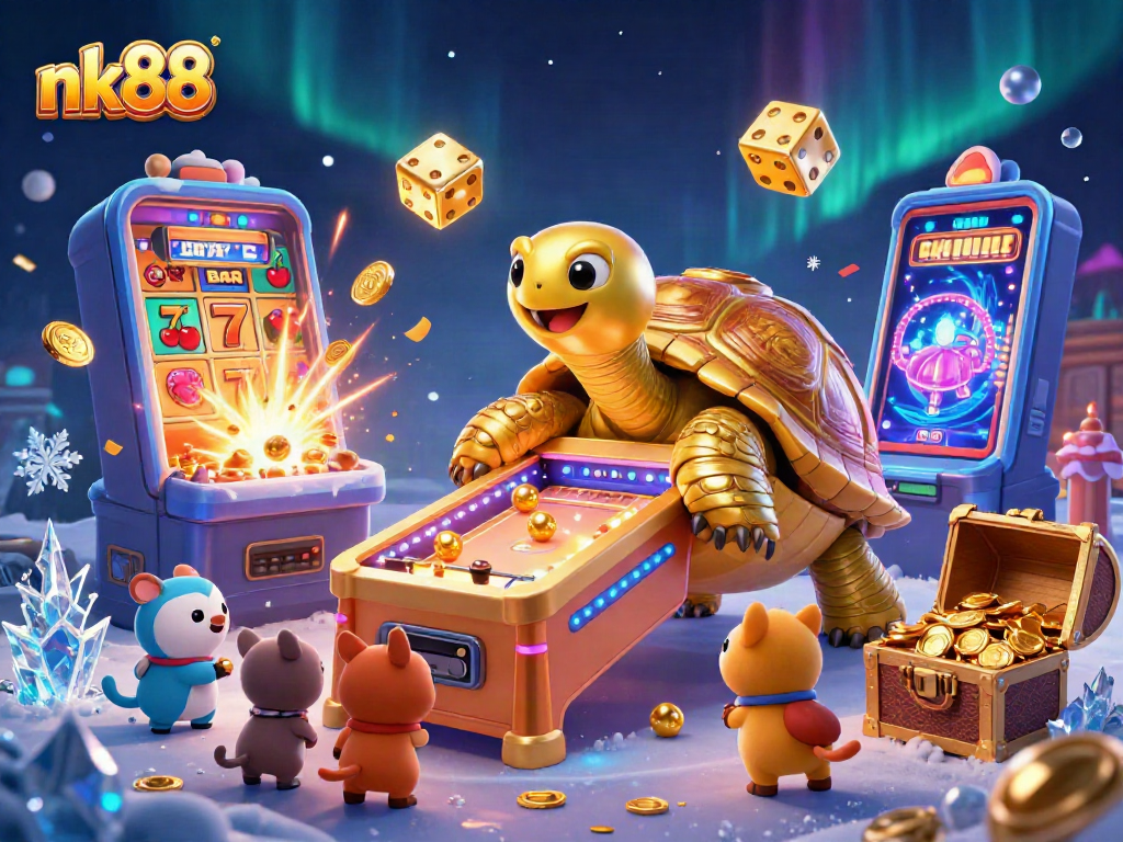Experience exciting gameplay with nk88, featuring a golden tortoise pinball machine and vibrant casino elements.