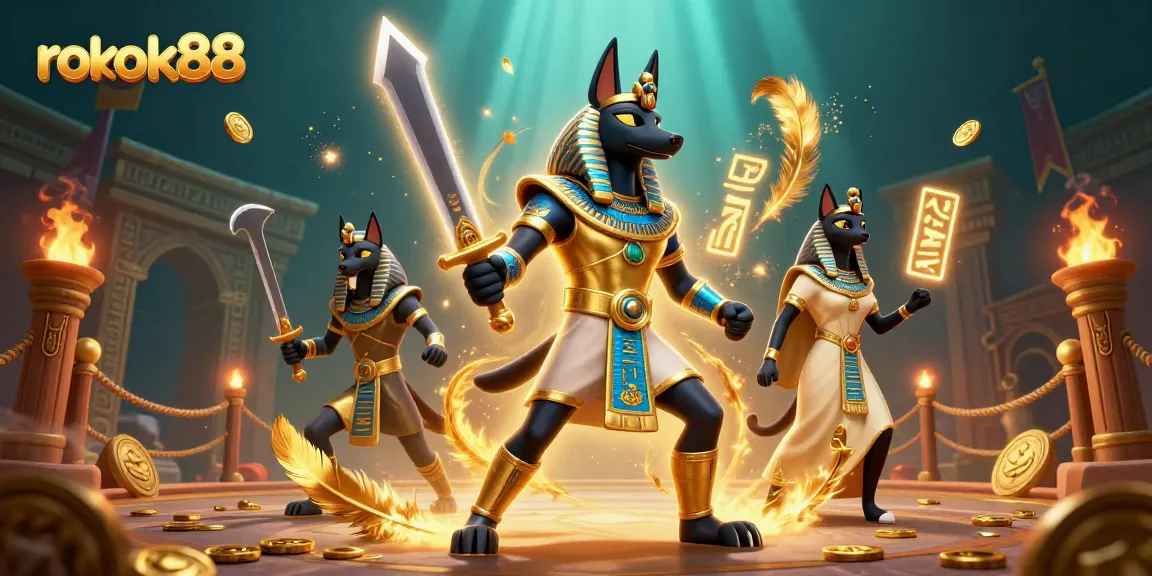 Engage in exciting gameplay with rokok88 in a vibrant casino setting featuring ancient warriors and golden treasures.